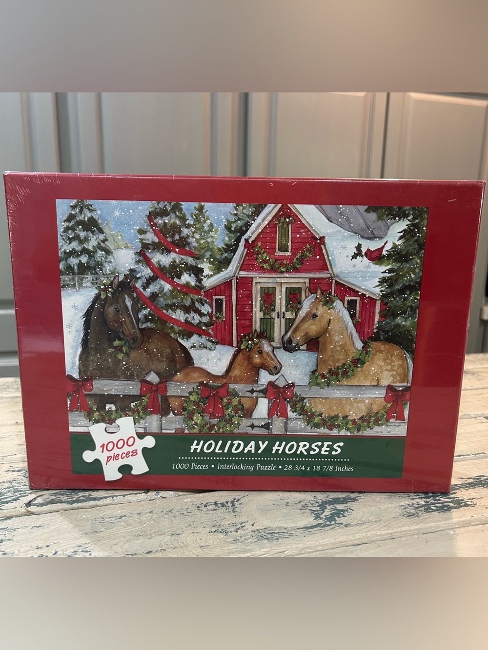 Holiday Horses with Barn Scene 1000-Piece Sealed Jigsaw Puzzle 28 3/4" x 18 7/8"
